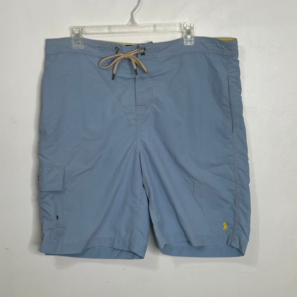 Polo Ralph Lauren Mens Swim Trunks Blue Cargo Board Shorts Medium Yellow Pony